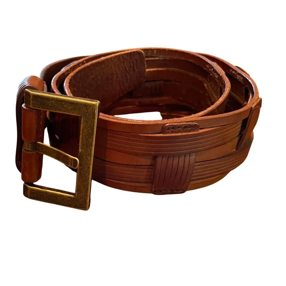 Braided / Woven Leather Belt, Brass Buckle, Unisex, Western, Boho, Size Small